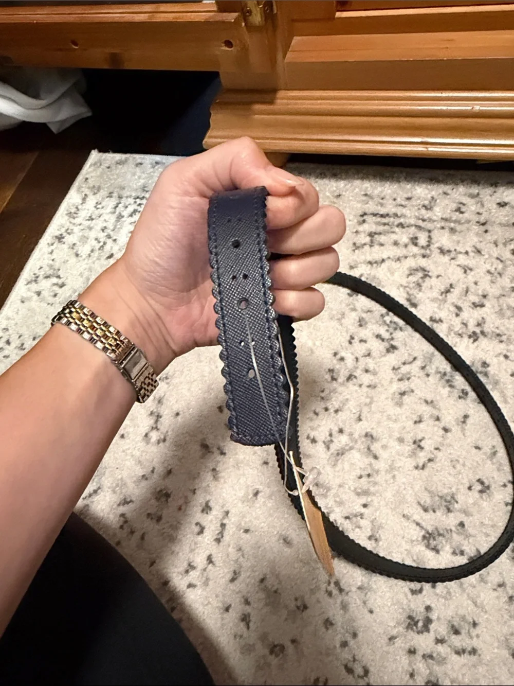 Tory Burch Navy Leather Spectator Belt with Gold Emblem